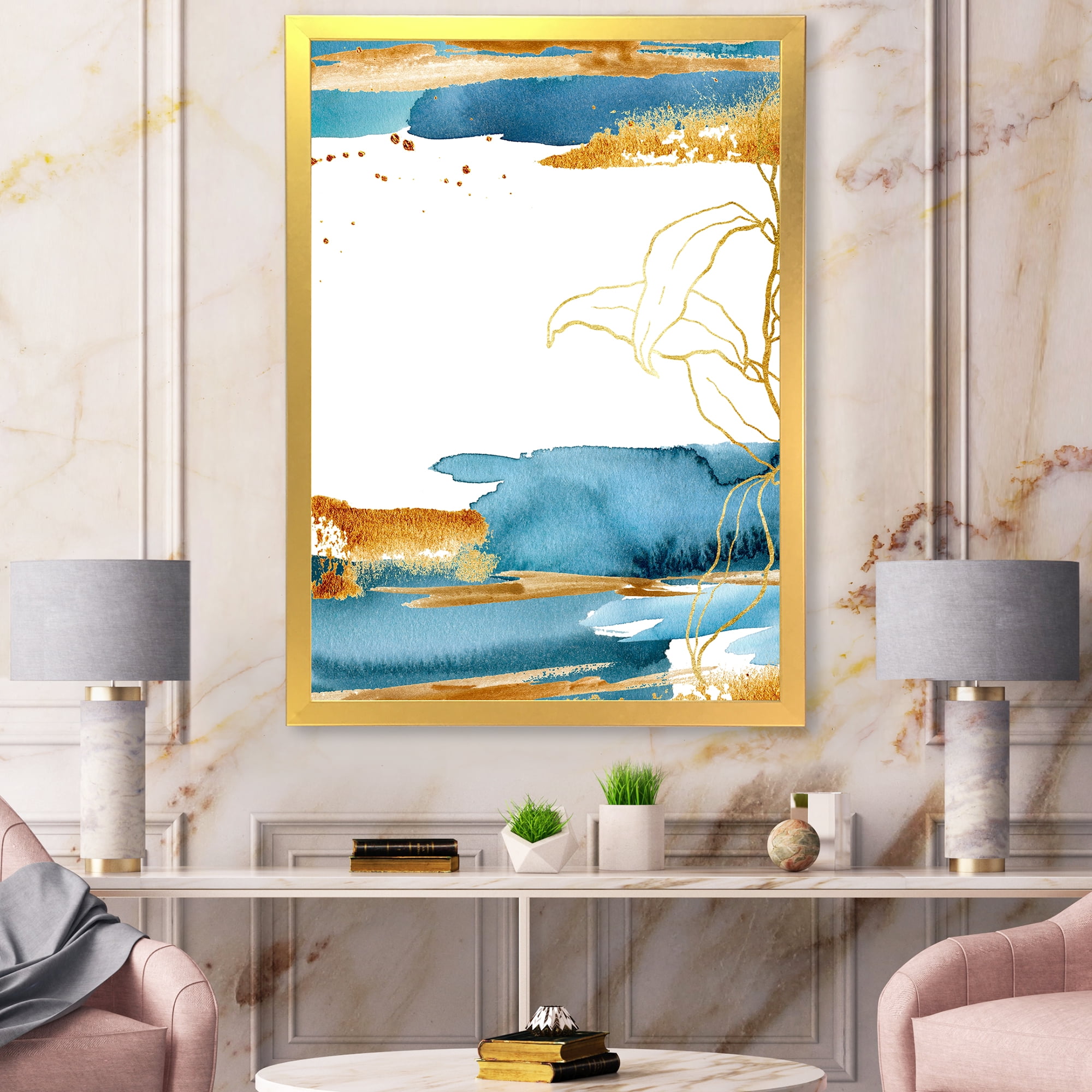 Designart 'Abstract Golden Laminaria Branch & Leaves' Traditional Framed Art Print