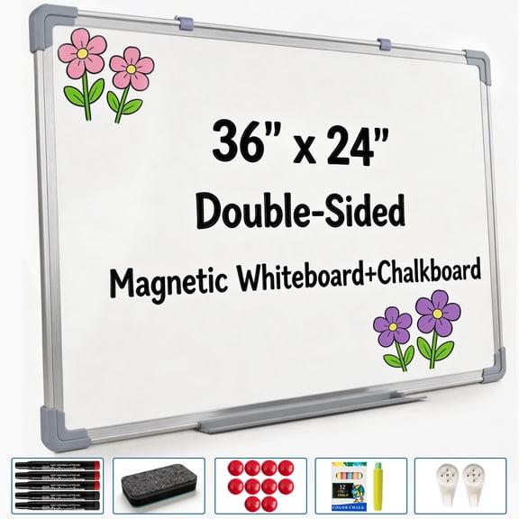 GARITIN Magnetic Dry Erase Whiteboard & Chalkboard, 36" x 24" Double Sided Wall Mounted Board with Markers & Eraser for Home Office School Kitchen