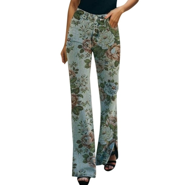 Gibobby Jeans dama Pantalones casuales con estampado floral de mezclilla con abertura elegante de verano para mujer(Rojo,M)