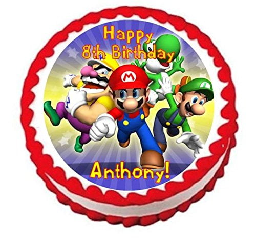 SUPER MARIO BROTHERS EDIBLE ROUND BIRTHDAY CAKE TOPPER DECORATION PERSONALISED 