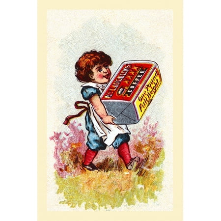 Victorian trade card for McLaughlins XXXX Coffee showing a child carrying a large container of coffee across a field Poster Print by (Best Way To Ship Large Boxes Across Country)