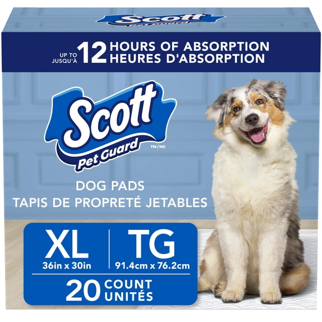 Scott Pet Guard Dog Pads - Dog Training Pee Pads for Puppies, Medium & Large Dogs - Up to 12 Hour Absorbent odour Control - Easily Disposable Dog Pee Pads - Size XL - 30" x 36" - 20 pack