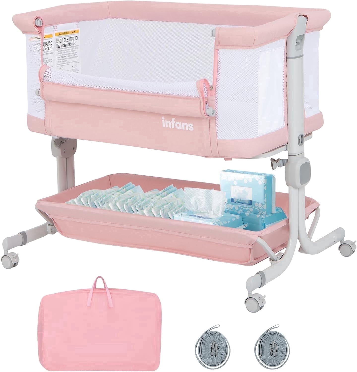 OLAKIDS 3-in-1 Baby Bassinet, Bedside Sleeper with Comfy Mattress, Wheels, 6 Height Adjustable, Storage Basket, Travel Bag, Portable All Mesh Crib for Newborn Infant (Pink)
