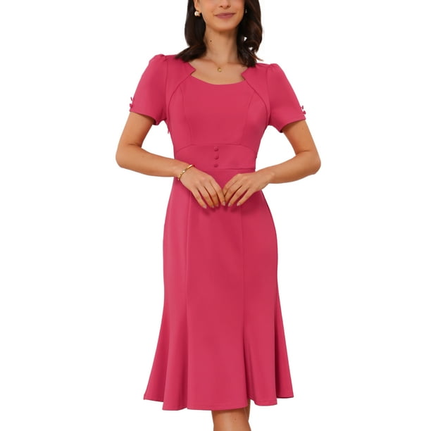 Vestido de cóctel para mujer Inspire Chic, vestido de tubo con decoración de botones, estilo vintage de los años 50, vestido midi con volantes en color rosa fuerte