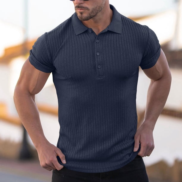 Playera Elvqul Caballero Azul Marino Algodón Playa de Color Sólido Manga Corta Solapa