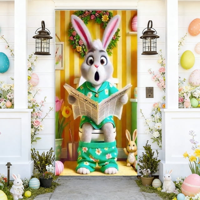 Uuiauoio Easter Door Cover,Easter Door Decorations Bunny Egg Rabbit Hanging Banner Decor Farmhouse Holiday Decor Spring Party Decoration for Front Wall Backdrop Indoor Outdoor 71 x 35 Inch