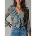 thumbnail image 2 of Women Vintage French‑Style Chiffon Printed Blouse, Deep‑V Neck Ruffle‑Sleeve Summer Vacation Tops, 2 of 9