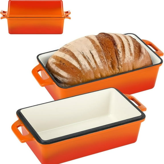 9x5 Enameled Cast Iron Loaf Pan Set, 2 Piece Bread Oven with Lid, Great for Homemade Sourdough, Artisan Bread, Dutch Oven Baking, Orange