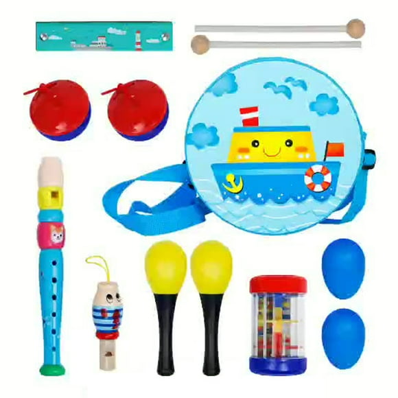 8 PCS Kids Children Musical Instruments Set Early Childhood Educational Music Tool Set Drum Clarinet Whistles Rain Sounder Harmonica Castanets Sand Eggs Sand Hammer Set