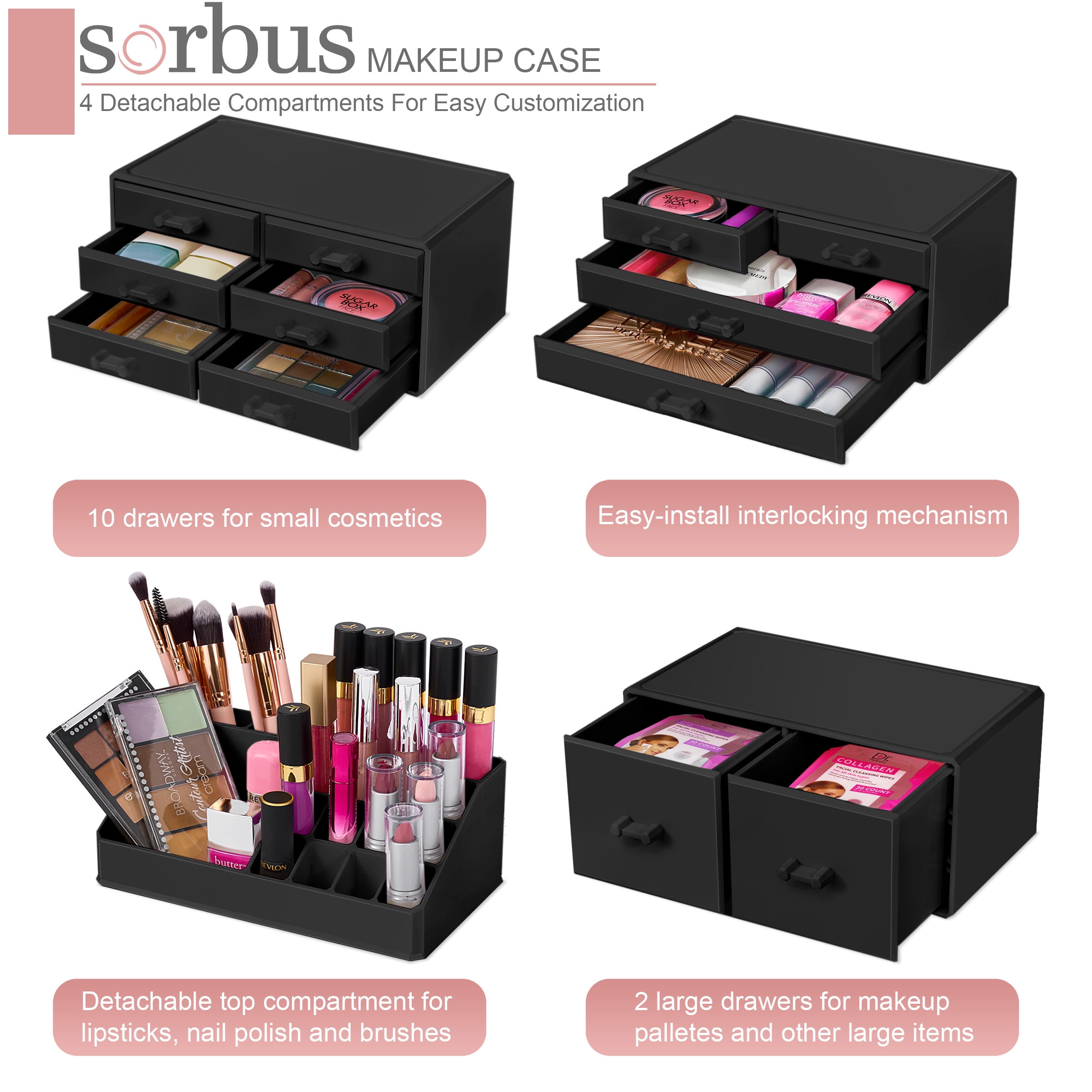 Sorbus 12-Drawer Stackable Makeup Organizer with Brush & Lipstick Holder for Vanity/Bathroom, Black