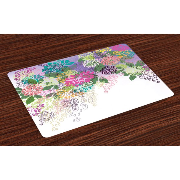Flower Placemats Set of 4 Hand Drawn Style Graphic Floral Print Nature