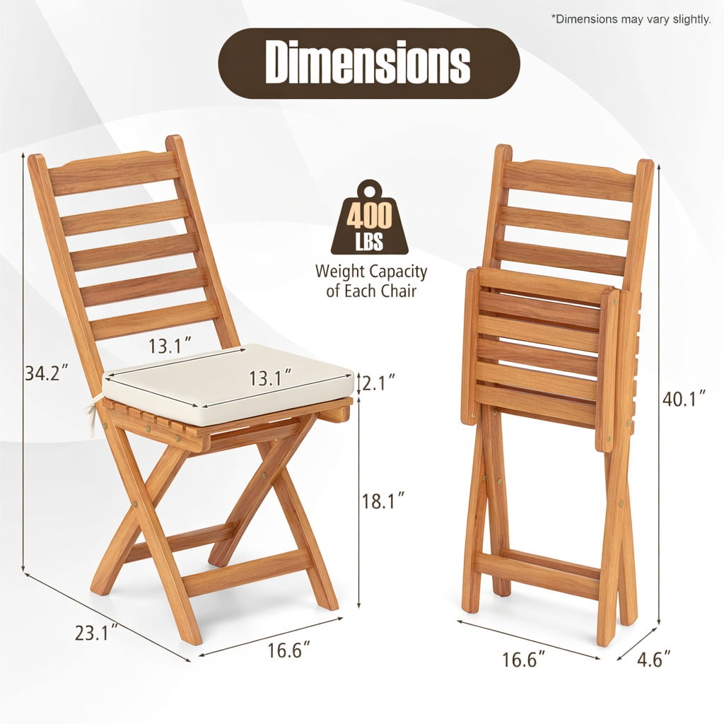 Hommoo 2-Pack Folding Patio Chairs with Soft Off-White Cushions & Natural Acacia Wood Frame, Outdoor Backyard, Balcony & Poolside Seating, White