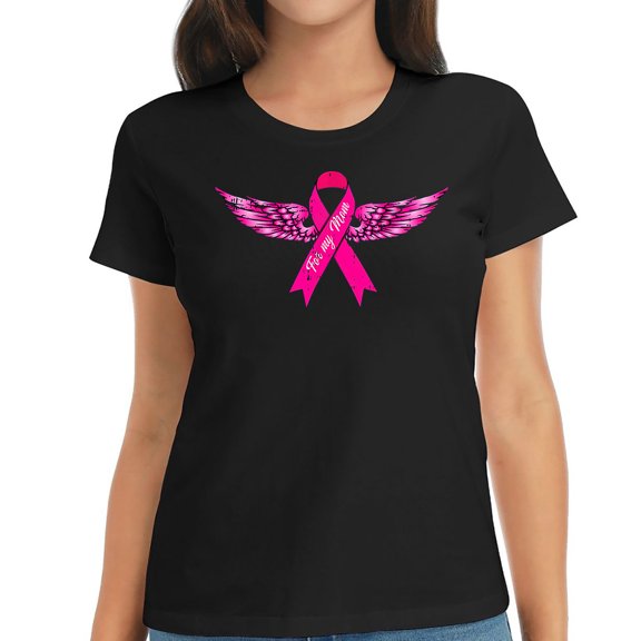 Womens T Shirt For My Mom Pink Wing Cool Breast Cancer Awareness Gifts Shirts Black 2XL