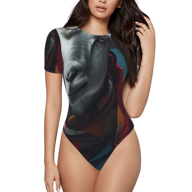 Balery Surrealist Goat Body de cuello redondo de manga corta para mujer Tops de manga corta Tops básicos-Medium