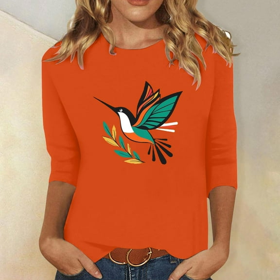 Aobny Plus Size Womens Business Casual Tops Birds Orange Blouses Pullover Crew Neck 3/4 Sleeve Womens Tops Summer,S