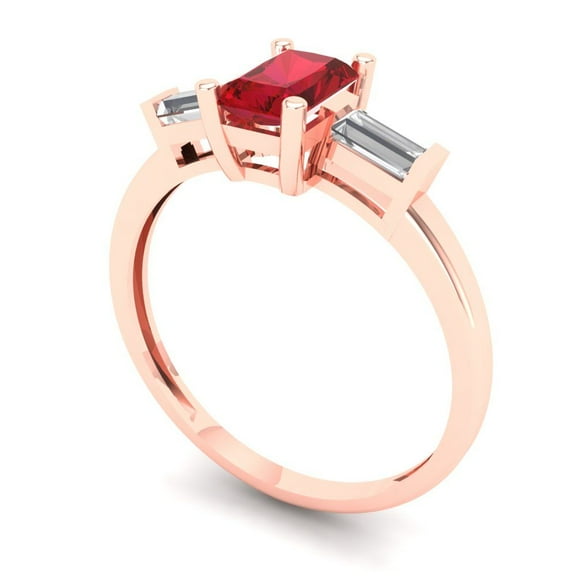0.8 ct Emerald Cut Simulated Pink Tourmaline Three-Stone Engagement Ring for Women in 14K Rose Gold