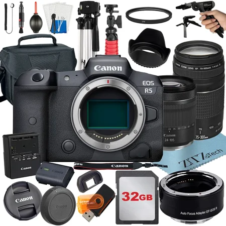 Canon EOS R5 Mirrorless Camera with RF 24-105mm STM + 75-300mm Lens + Mount Adapter + 32GB Card + ZeeTech Accessory (International Version)