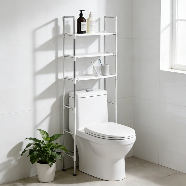 Estante de almacenamiento sobre el inodoro Estantería organizadora de baño de 3 niveles, plástico y plancha, ahorro de espacio sobre el inodoro o lavadora, 61x18,5x9,84 pulgadas, negro o blanco