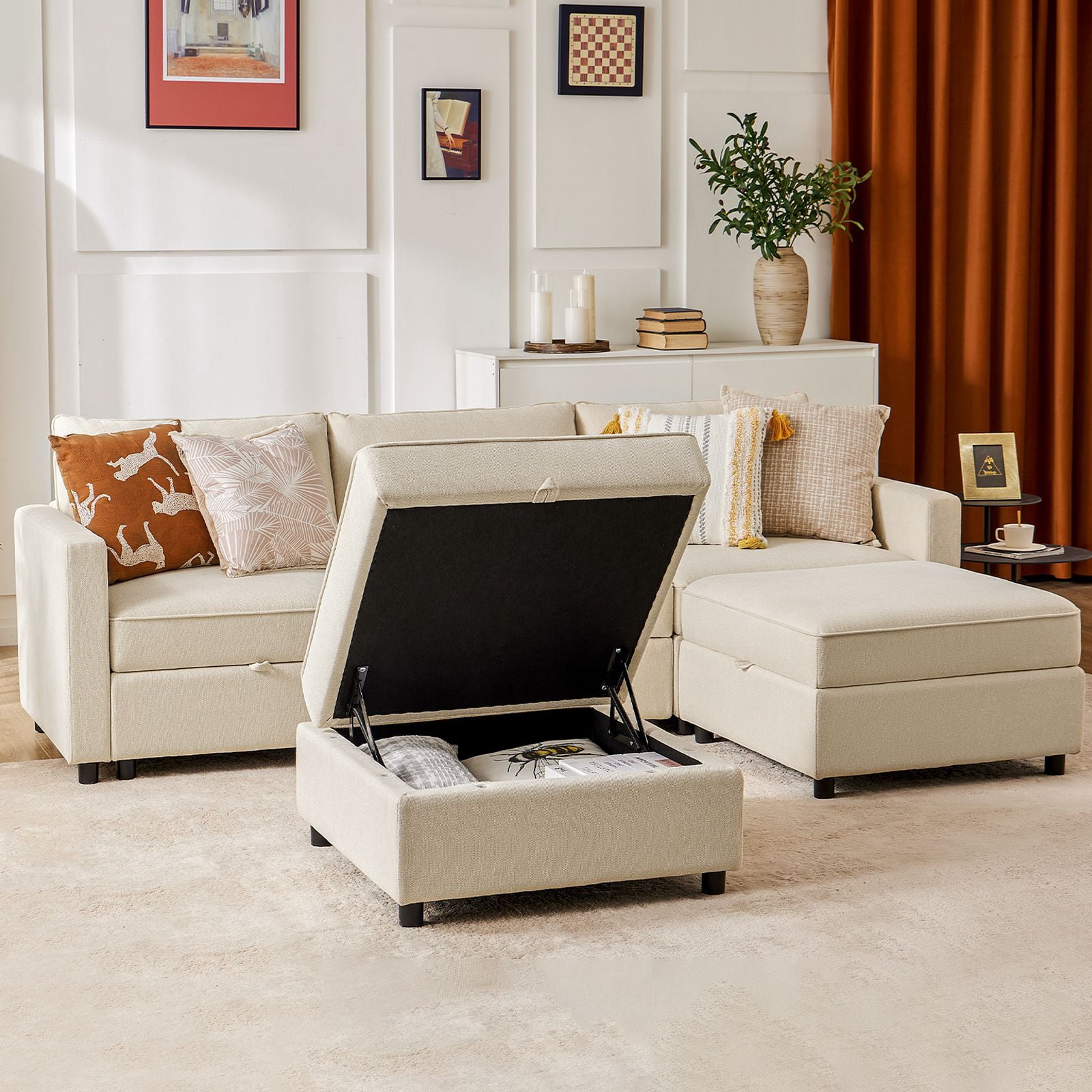 GIANNA 6 Seat Convertible Sectional Sofa Couch, U-Shaped Modern Modular Sofa Sleeper with Ottoman, For Living Room, Beige