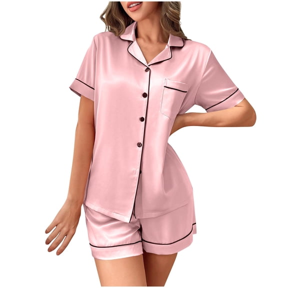 Womens Silk Sleepwear Shorts Set 2 Piece Satin Pajamas Summer Button Down Collared Shirt Shorts Comfy Home Loungewear Hot Pink, 2XL