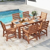 FODINGHILL 7-Piece Outdoor Dining Sets,HDPE Outdoor Dining Table Set with Umbrella Hole & 6 HDPE Chairs,Teak
