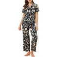 thumbnail image 2 of INSPIRE CHIC Women's Satin Pajama Set Silk Floral Short Sleeves Top and Pants 2 Pcs Pajamas XL Black-White, 2 of 6