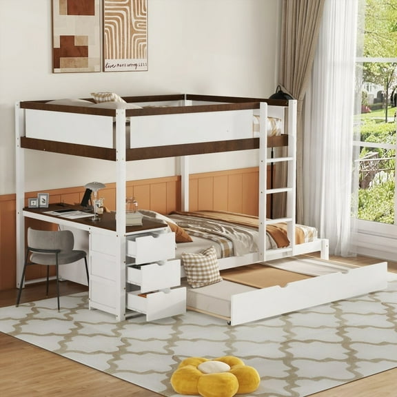 Full-Over-Full Bunk Bed Having Twin Trundle, Storage & Desk (White Walnut) - Ensures Family Safety & Room Tidying