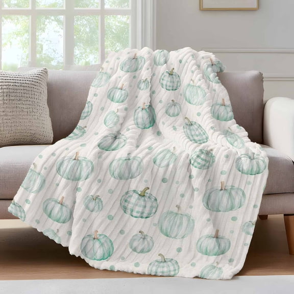 Green Pumpkin Fall Fleece Throw Blanket for Couch, Polka Dot Watercolor Thanksgiving Microfiber Flannel Blanket for All Season, Lightweight Soft Throw Blankets for Gifts, Home Decor, 32"x47"