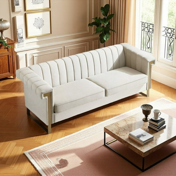 FX-P81-CW2 Modern Cream Velvet Sofa | Gold Accents & 3-Seater Comfort