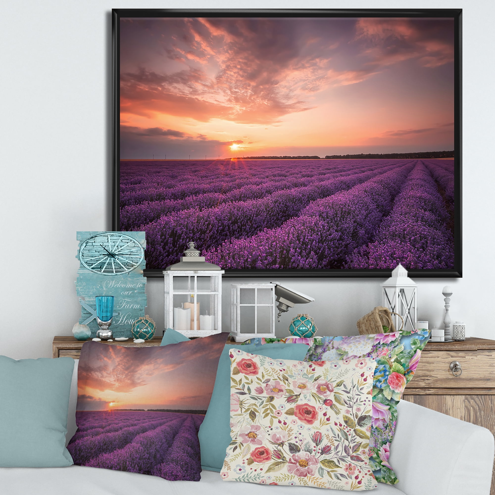 Designart 'Dramatic Clouds and Sunrise Over Lavender Field XII' Farmhouse Framed Canvas Wall Art Print