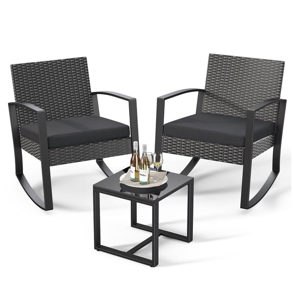 Noelse 3 Piece Patio Furniture Set, Wicker Rocking Chair Set with Table and Cushions for Patio,Balcony,Porch, Black