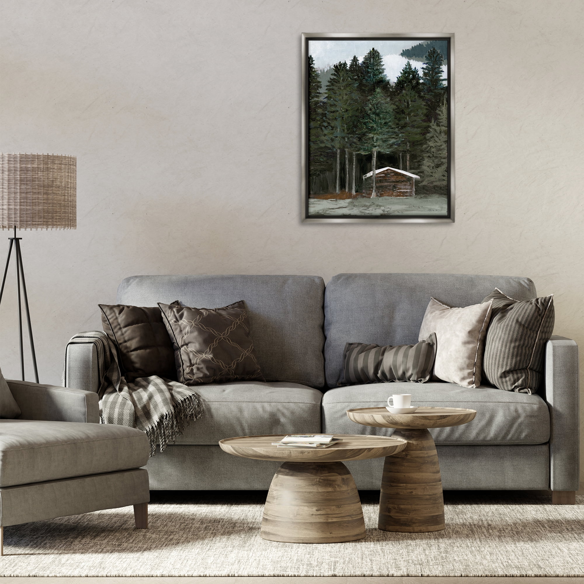 Stupell Industries Log Cabin Forest Thicket Landscape & Nature Painting Gray Floater Framed Canvas Art Print Wall Art, 25 x 31