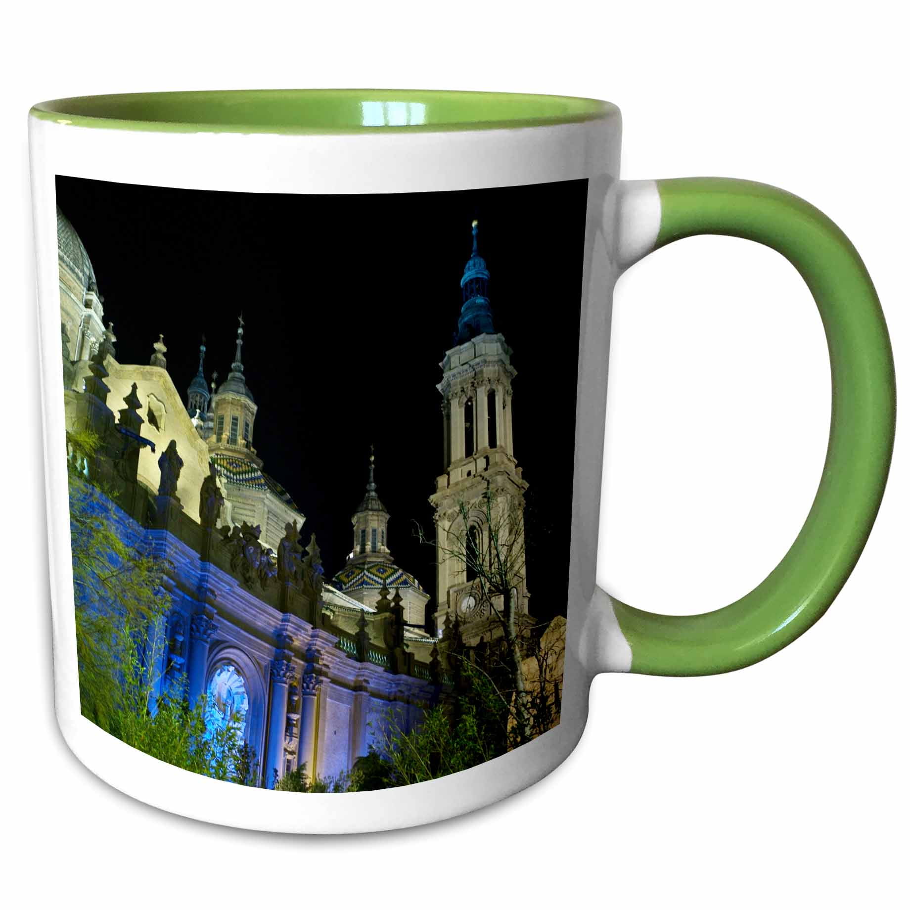 3drose, Christmas Arrives at the Basilica-cathedral of Our Lady of Pillar in City of Zaragoza Front Top View, 11oz Two-tone Green Mug