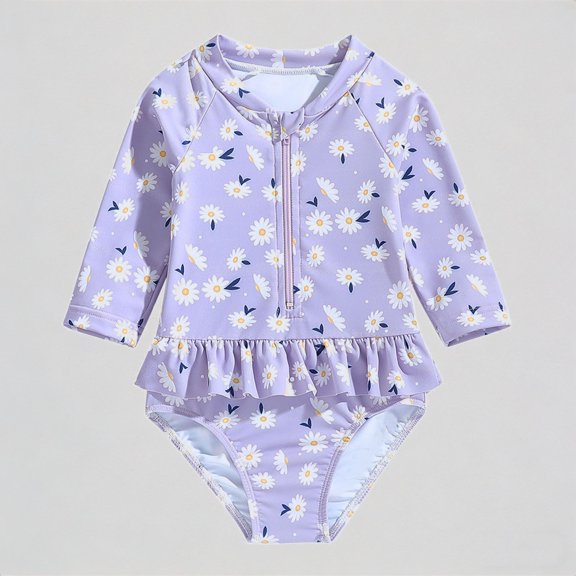 REDARER Toddler Girls Long-Sleeve Swimsuit: Daisy Print, Zipper Front, Ruffled Hem – UV Protective Summer Beach Bathing Swimwear,18-24 Months