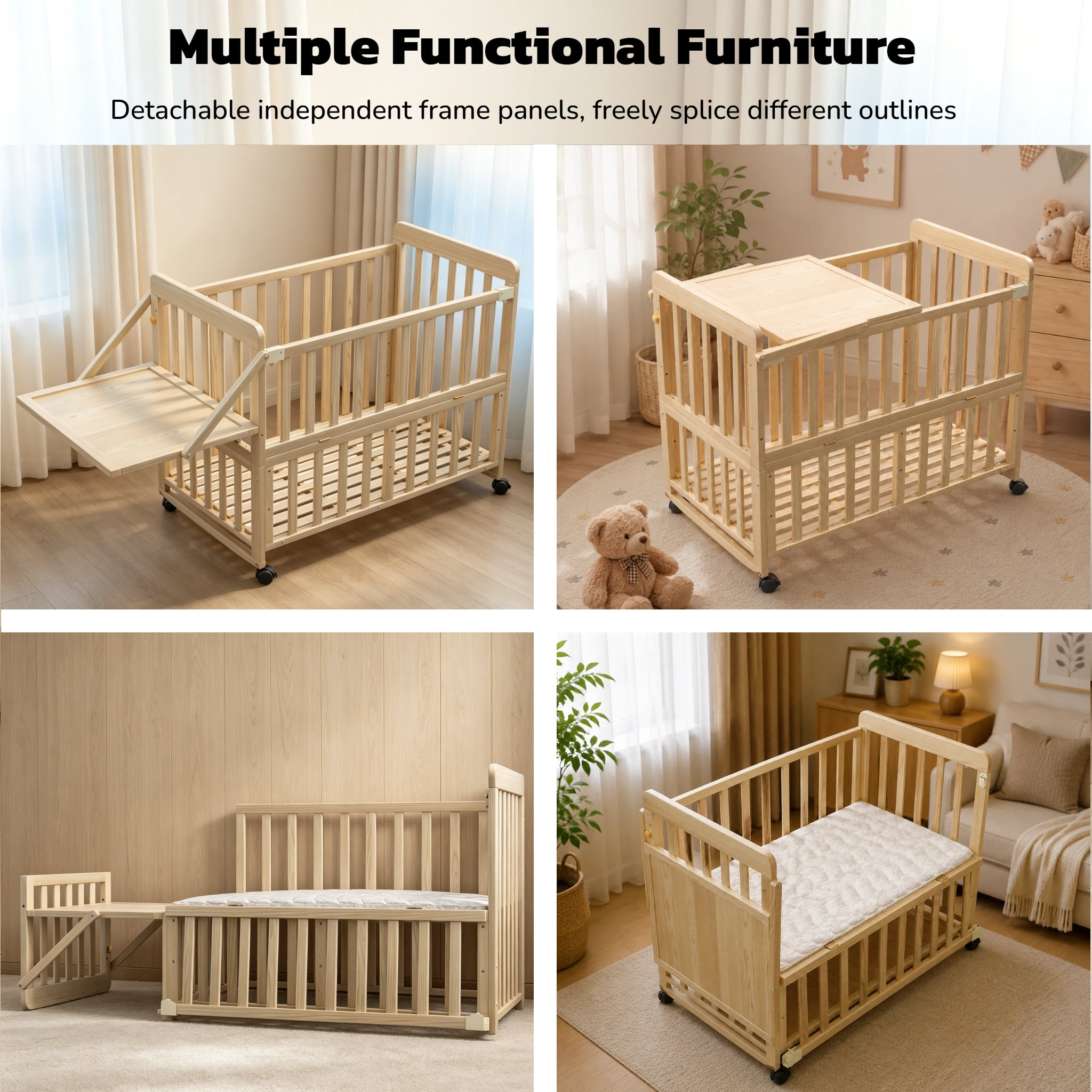 Mintazer Convertible Kids Crib with Changing Station & Height Adjustable, Bedside Bassinet with Lockable Wheels for Newborn Toddler, Natural (Mattress Included)