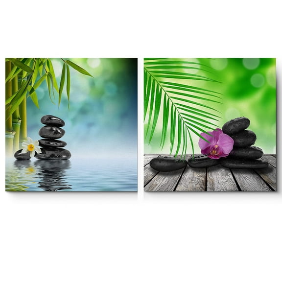 wall26 Canvas Print Wall Art Set Spa Treatment Dark Massage Stones & Bamboo Floral Botanical Photography Realism Rustic Zen Relax/Calm Multicolor Ultra for Living Room, Bedroom, Office - 12"
