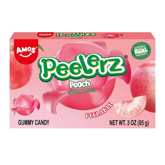 AMOS Peelerz Peach Theatre Box Gummy Candy, Gluten, Milk and Nut Free, 1 Count, 3 Oz