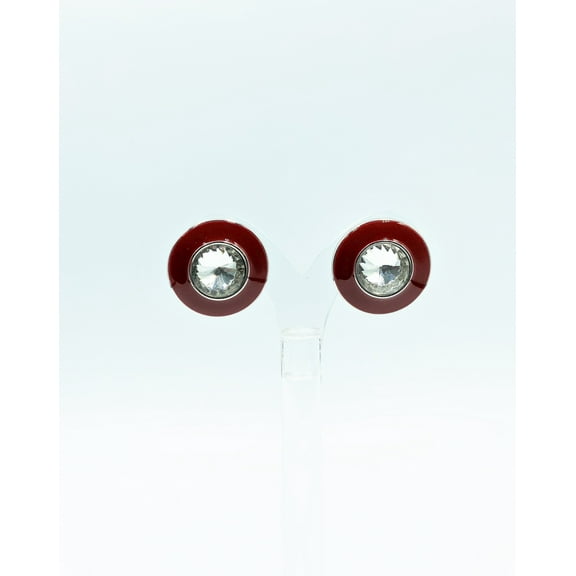 Clip on 1" silver and burgundy and clear stone round button style earrings