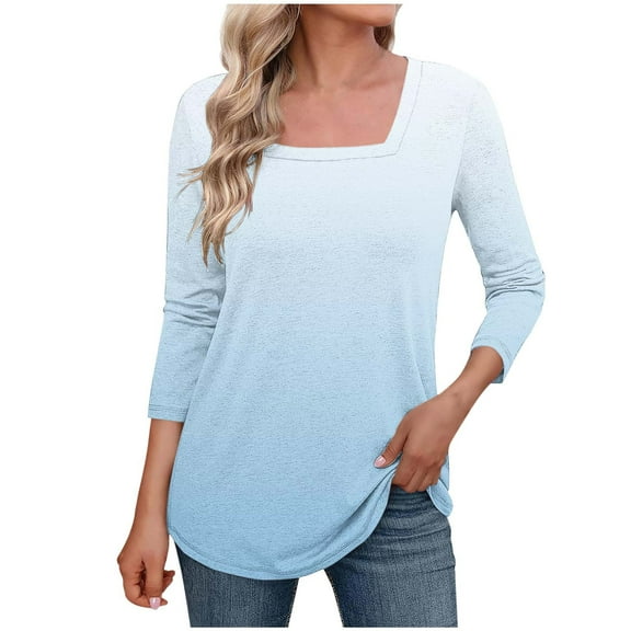 Loopsun Womens Tops Plus Size, Womens 3/4 Sleeve T Shirts, Women's Fashion Casual Printed 3/4 Sleeve Pullover Top Light Blue XXXL