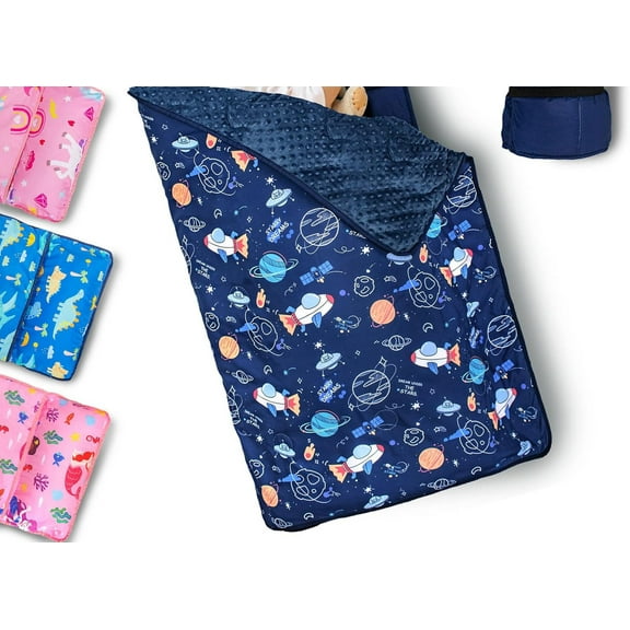 Toddler Nap Mat with Removable Pillow and Fleece Blanket, Extra Large 55''x35'' Sleeping Bag, Washable, Light, Easy to Roll up, Perfect for Daycare, Preschool, Kindergarten, Travel