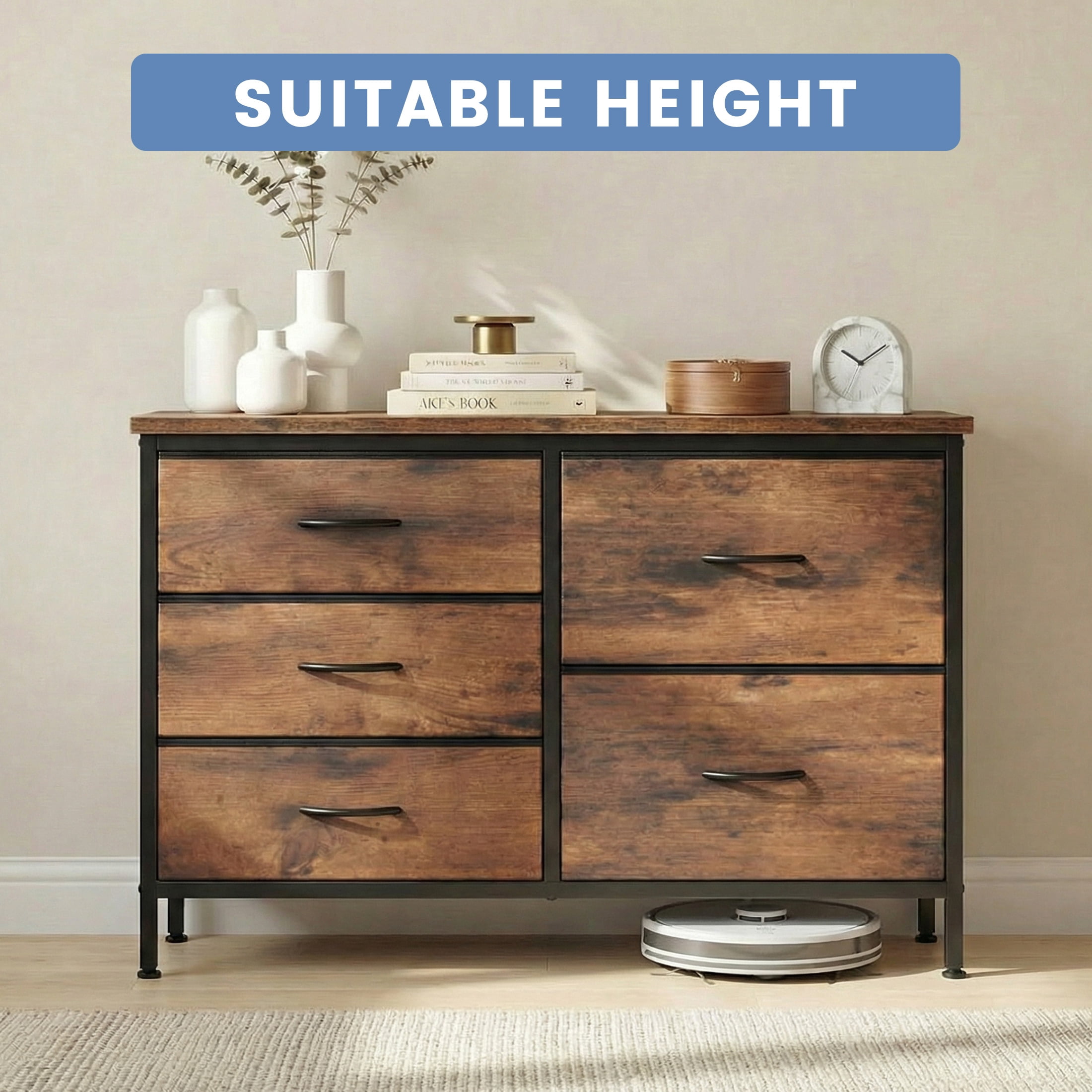 edx 5 Drawer Dresser for Bedroom, 39.4" Fabric Chest of Drawers with Wooden Top, Storage Organizer for Closet, Hallway & Living Room, Rustic Brown