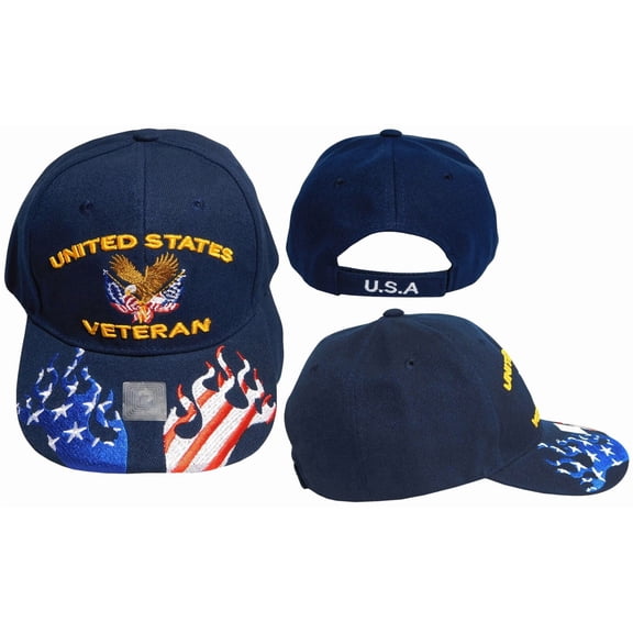 United States Veteran Eagle USA Flames On Bill Navy Blue Embroidered Cap Hat