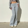 thumbnail image 6 of Women Low Rise Fold Over Waistband Solid Flared Pants Winter Thermal Warm Fleece Lined Bodycon Sweatpants Yoga Leggings, 6 of 8