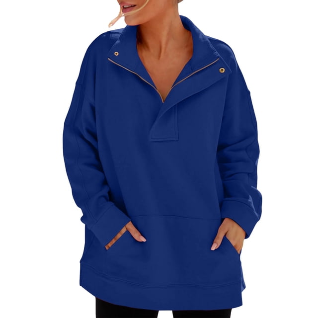 Pisexur Sweat à Capuche Zippé pour Femmes Mode Automne Manches Longues Couleur Unie Col Rabattu Chandail en Molleton Ample Léger avec Poches
