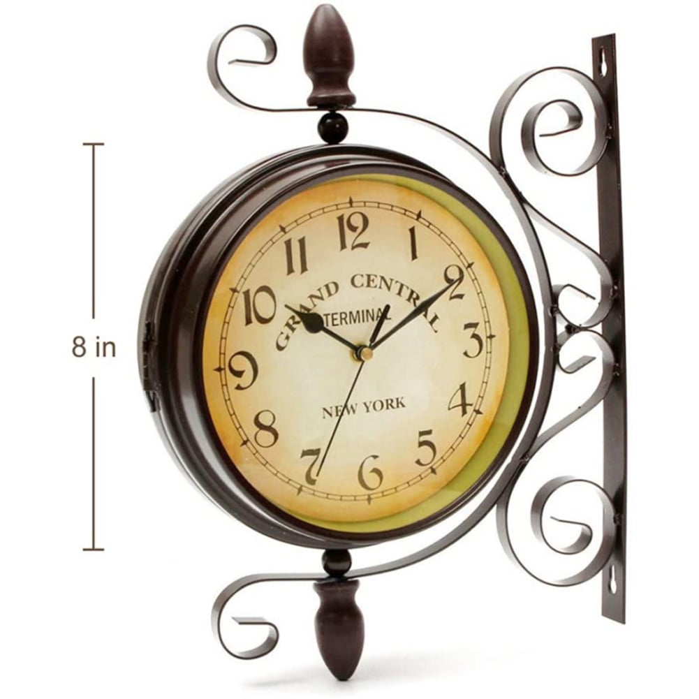 Vintage Inspired Double Sided Wall Clock Wrought Iron Train Grand