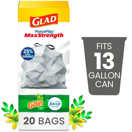 Glad ForceFlex MaxStrength 13 Gallon Tall Kitchen Drawstring Trash Bags, Gain Original, 20 Bags