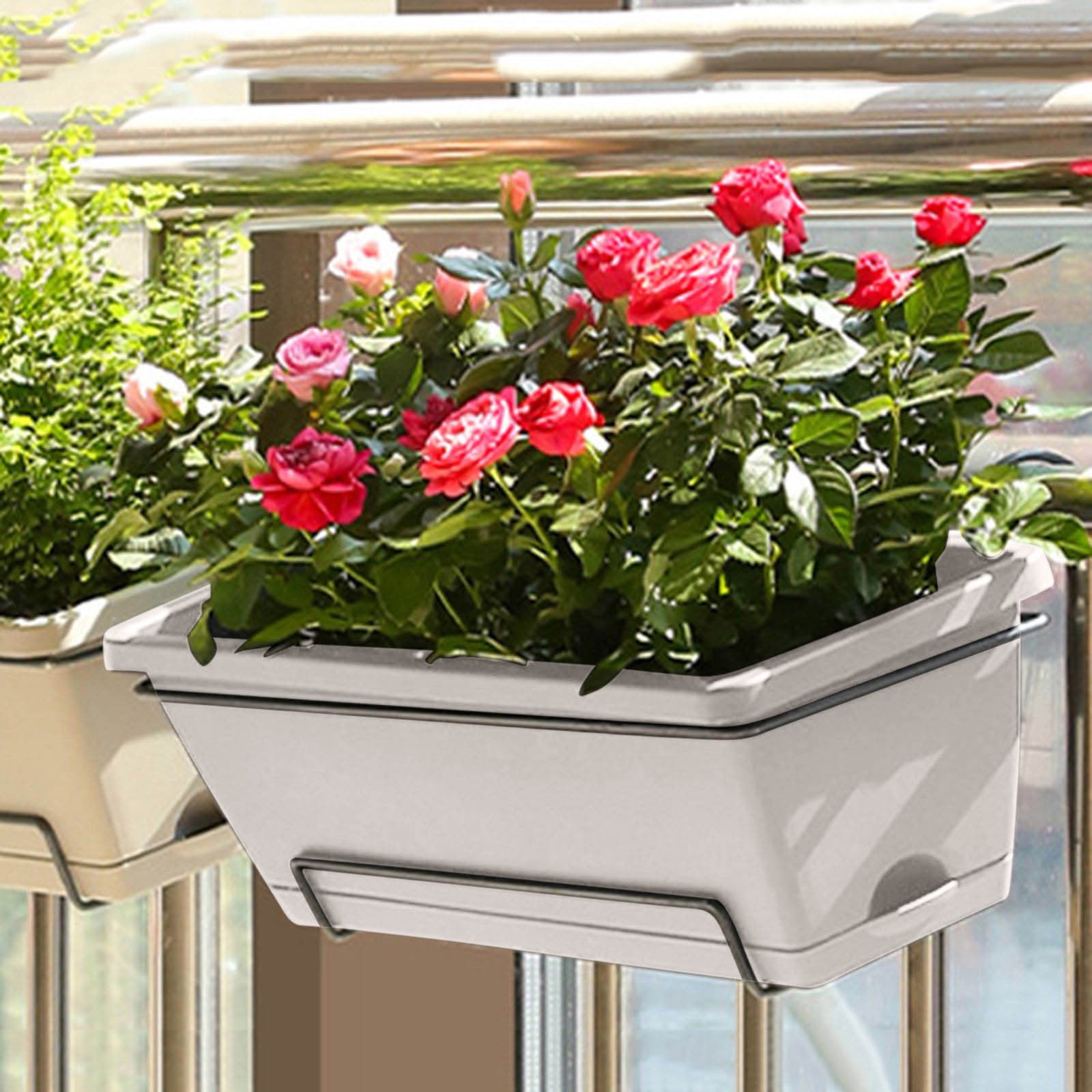 Rectangle Window Box Planter with Built-In Drainage System & Detachable Trays, 17 Inch Plastic Flower Pot for Indoor Outdoor Plants Vegetables Herbs Flowers on Patio Balcony Windowsill Garden Decor