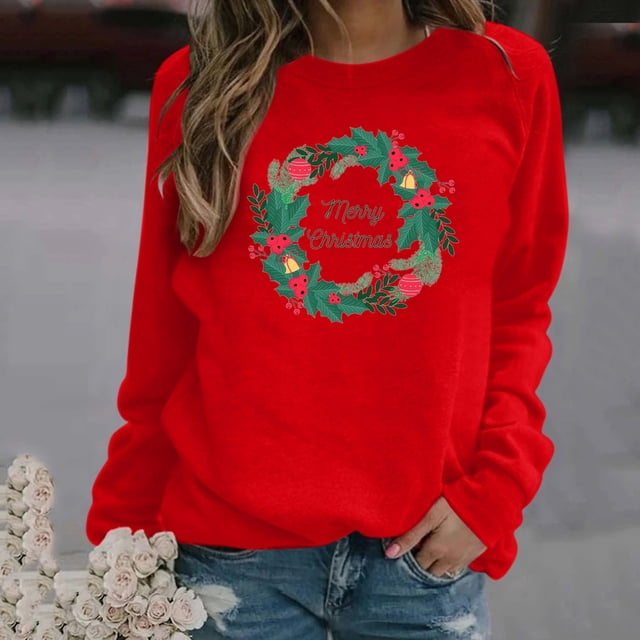 Chandails en Molleton de Noël pour Femmes Col Rond Mode Décontractée Manches Longues Chandail en Molleton Imprimé de Noël Blouse Chandails en Molleton Surdimensionnés pour Femmes en Solde