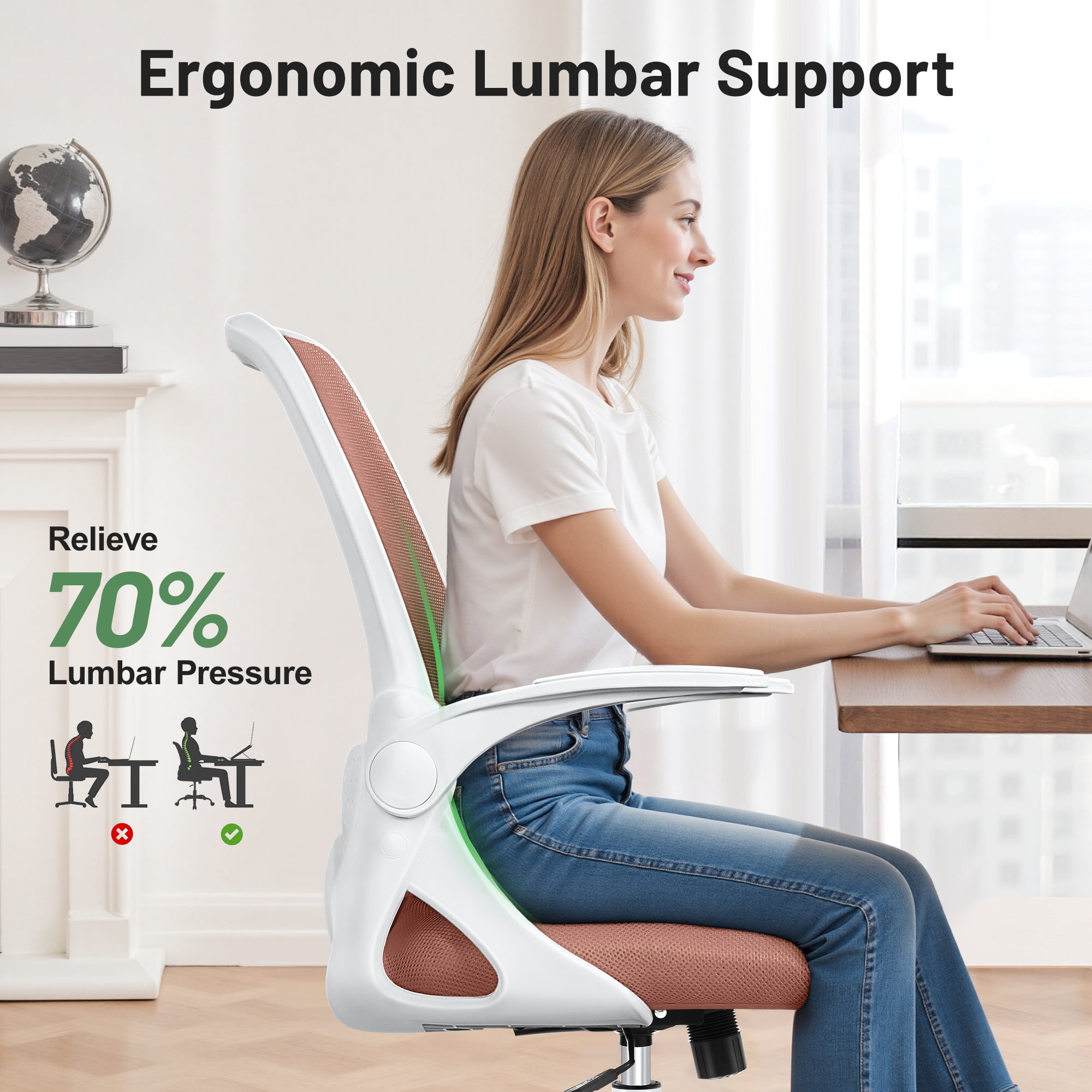 ATHOPE Office Chair, Ergonomic Desk Chair with Lumbar Support Adjustable Height Swivel Wheels Flip-up Arms Mesh Computer Gaming Chair for Home Office, Brown