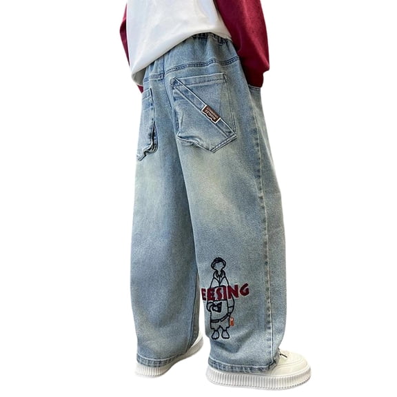 shqvo Baggy Jeans High Waisted Elastic Waist Cotton Baggy Denim Pants Boys Loose Fit Classic Fashion Long Trousers Streetwear with Pockets Blue 15-16 Years